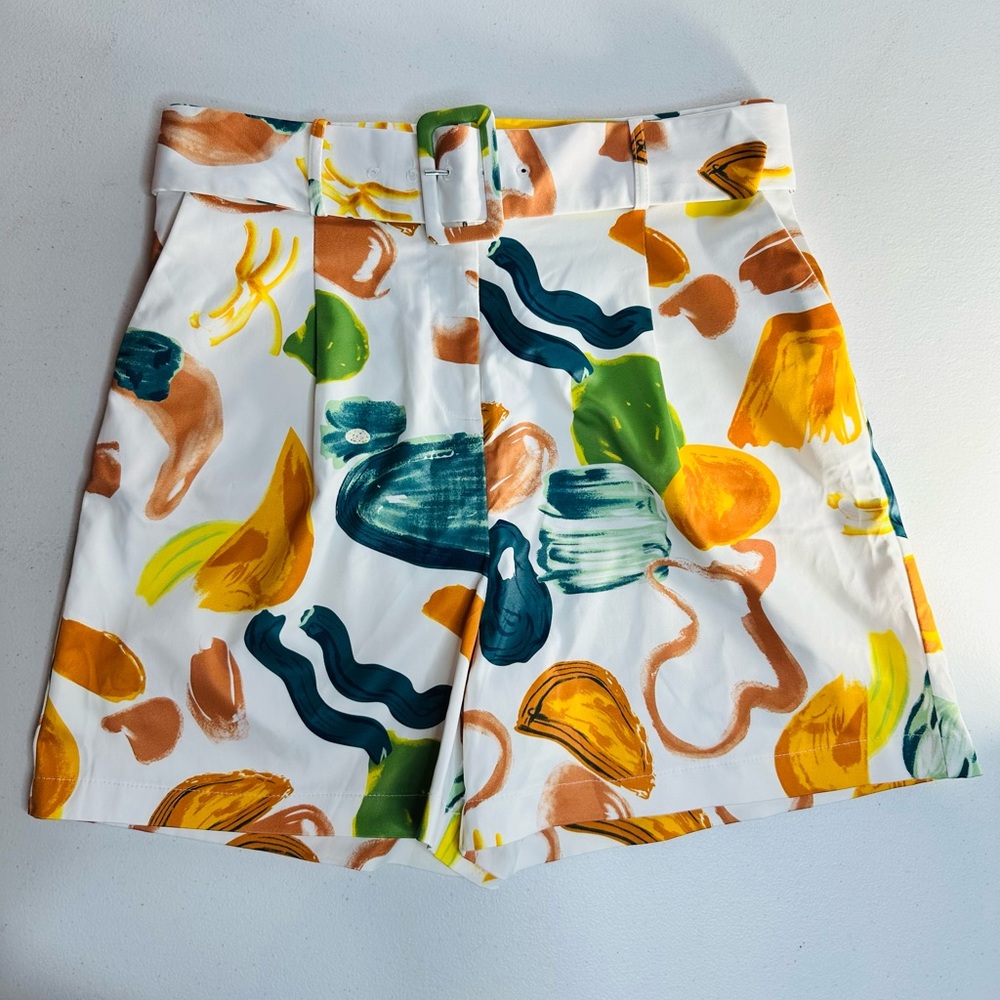 Ovi Belted High Waisted Multicolored Abstract Shorts Lg Euro Summer Casual Chic